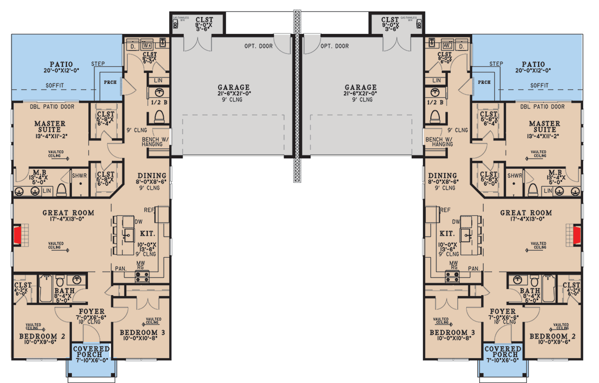 Plan 70948MK: Sleek Northwest Modern Duplex House Plan with Dual 3-Bed Suites - Floor Plan - Main Level - Contemporary, Modern, Northwest