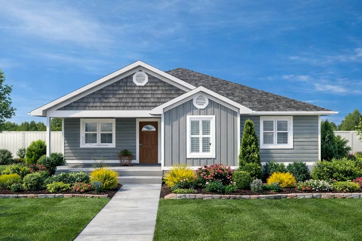 A charming, single-story house with gray siding, a brown door, and a neatly landscaped front yard, under a bright blue sky.