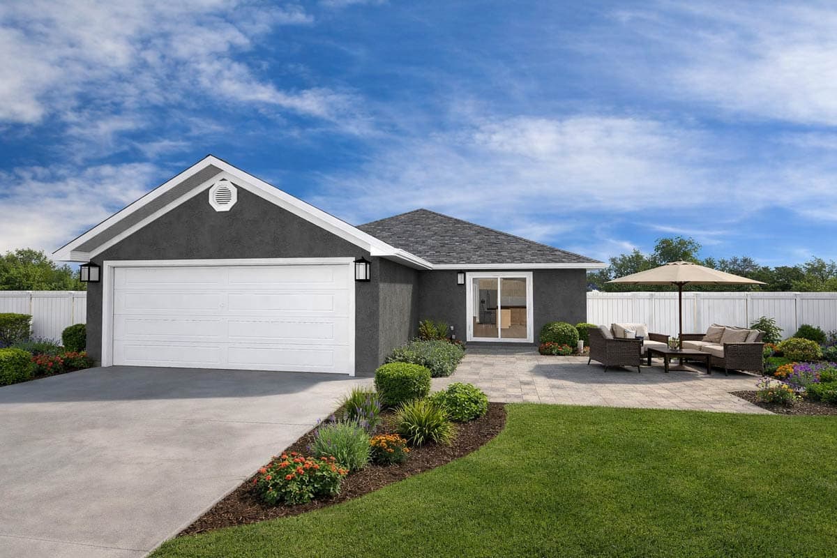 House plan exterior with a single-story Ranch style, featuring a large front-facing garage door, gable end, and a sliding glass door entry.