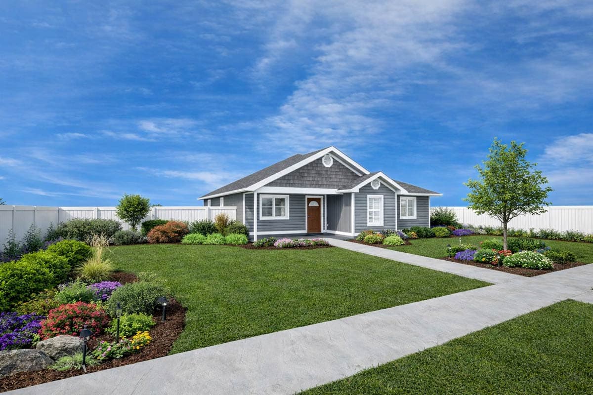 House plan exterior: One-story Modern Farmhouse with gabled dormer, prominent gable, and shaker siding.