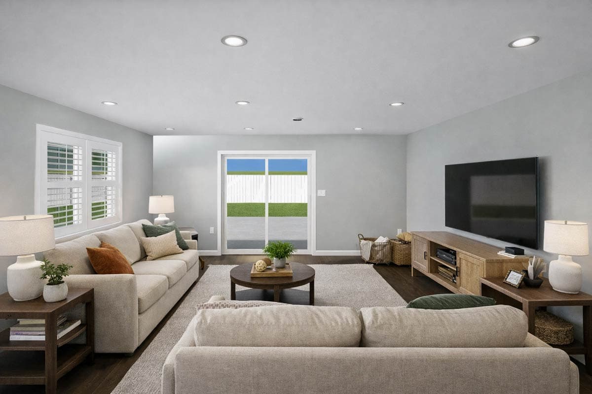 Living room with sectional sofas, coffee table, entertainment center with TV, and sliding glass doors leading outside.
