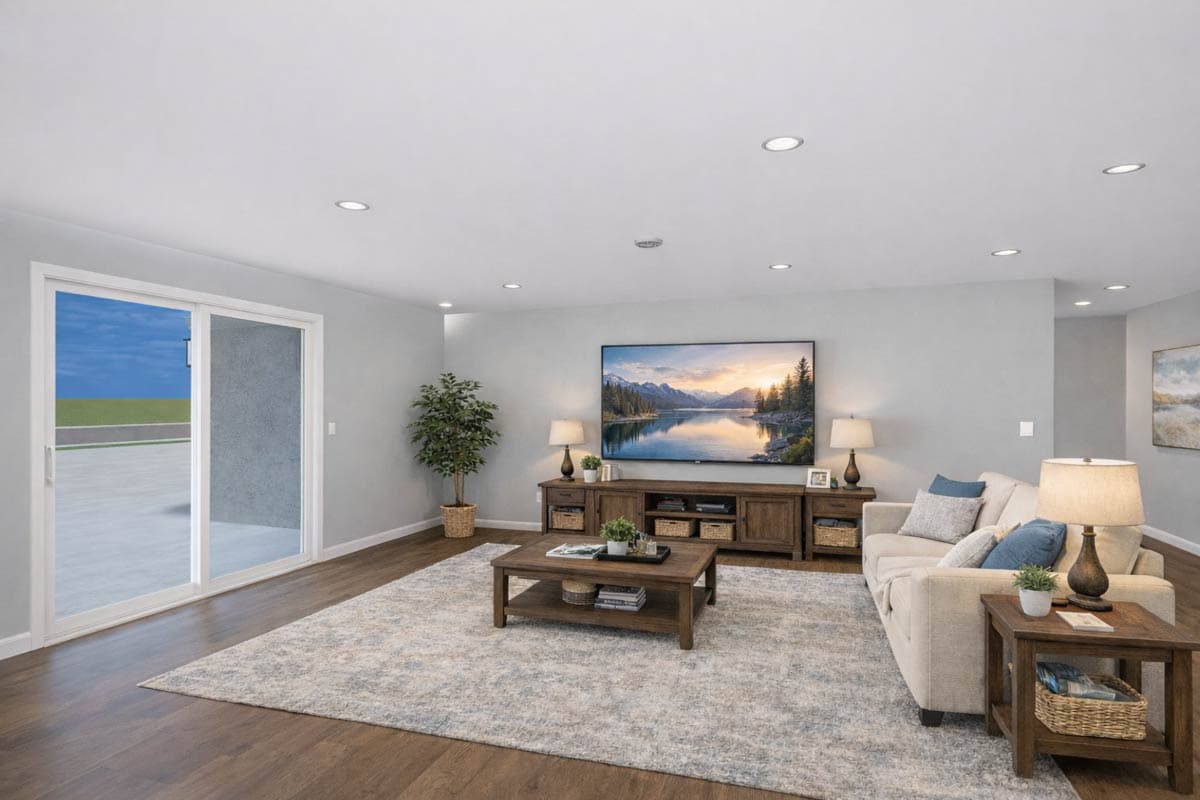 Living room with sliding glass doors, sectional sofa, coffee table, entertainment center with TV, and floor-to-ceiling windows.
