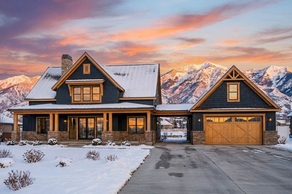 A modern, dark-blue house with wooden accents and a snow-covered roof sits beneath a vibrant sunset and snow-capped mountains in the distance.