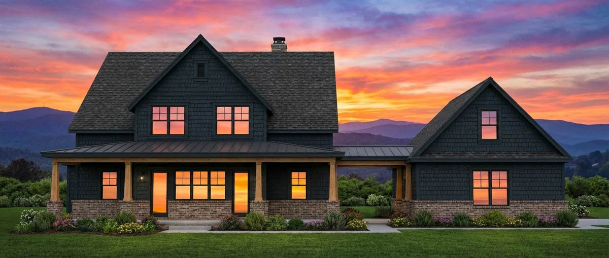 Two-story Modern Farmhouse exterior with dark shingle siding, brick accents, covered porch, and gabled dormers.