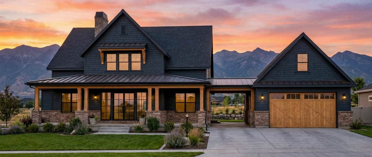Modern farmhouse house plan exterior with dark siding, brick accents, large gabled dormers, and a wooden garage door.