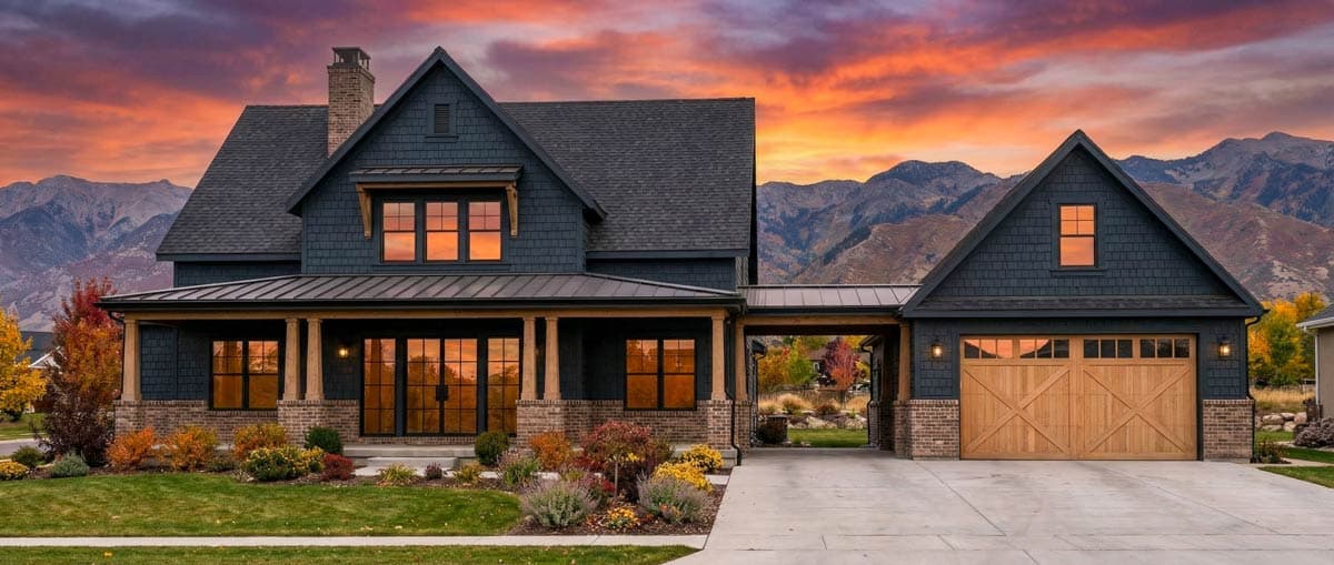 Modern Farmhouse house plan exterior with covered porch, gables, dormer windows, and attached garage.