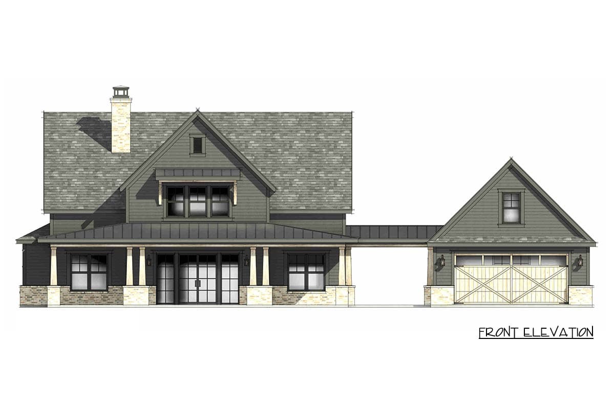 Front elevation of a two-story house plan with a covered porch, stone accents, and a detached garage.