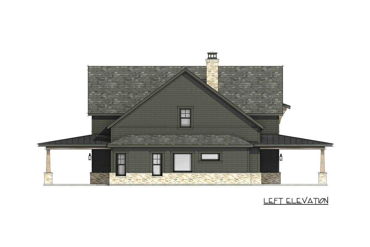 Left elevation of a two-story house plan with a prominent gable, full-width porch, stone chimney, and horizontal siding.