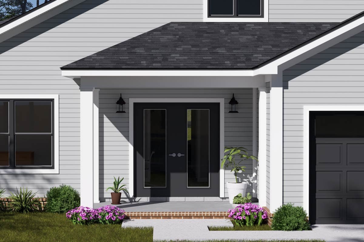 House plan exterior with covered entry, double glass doors, and attached garage.