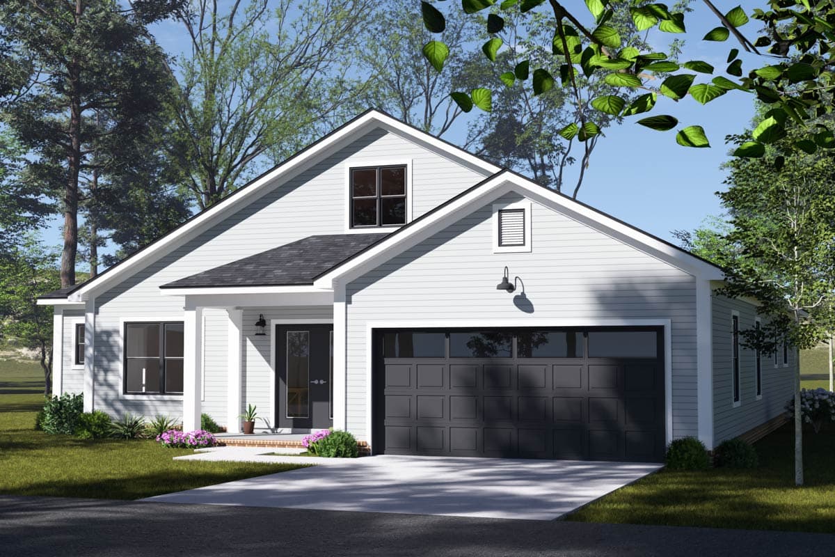 House plan exterior: Ranch style, one story, features a covered entry, dormer window, and attached garage.