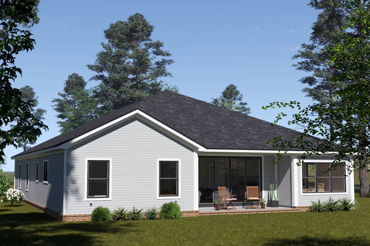 Ranch house plan exterior: single-story, light gray siding, dark-trimmed windows, wide sliding glass doors, and covered patio.