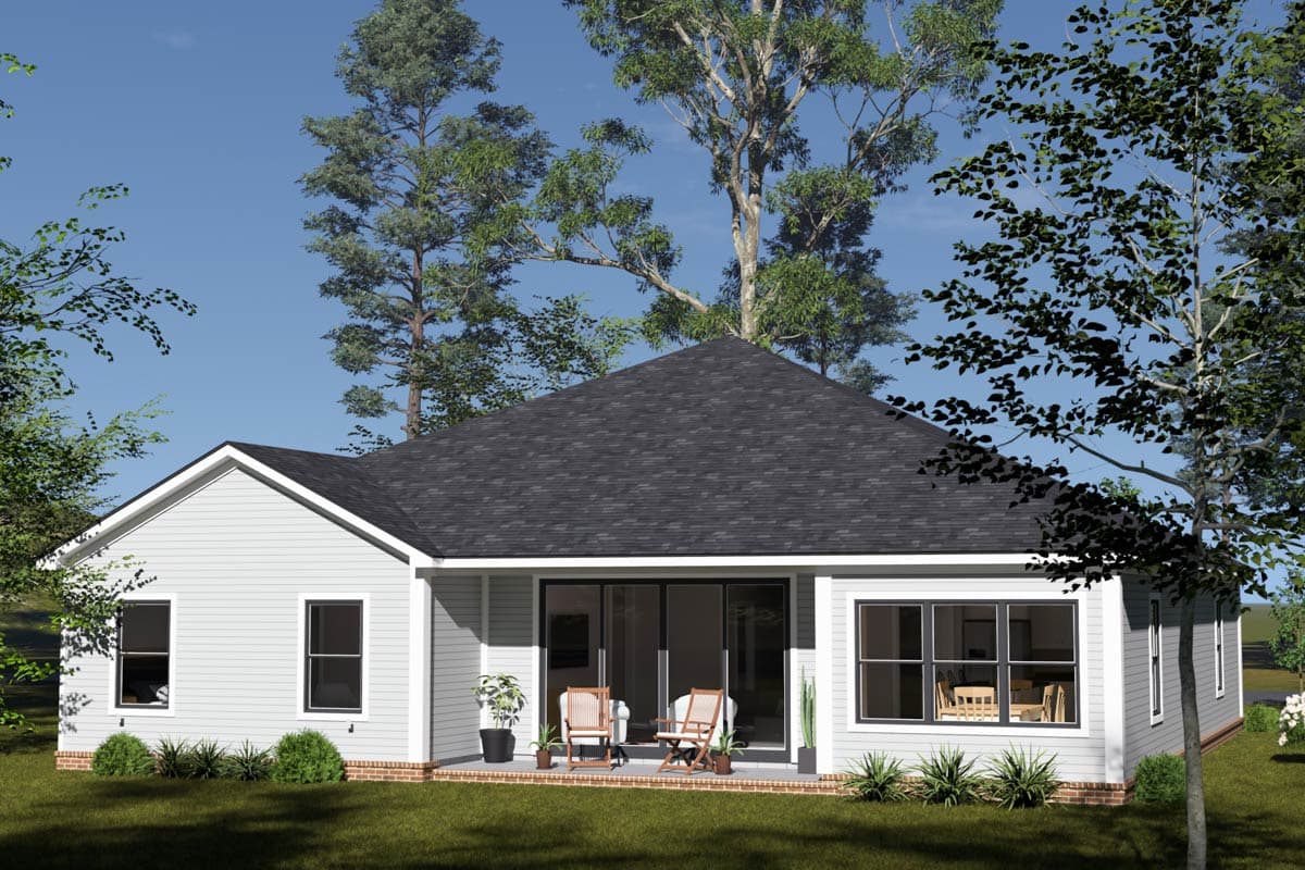 House plan exterior: one-story Modern Farmhouse with gabled roof, wide siding, and sliding glass doors.