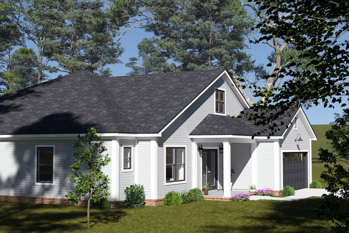 House plan exterior: one-story Modern Farmhouse with covered entry porch, gabled dormer, and attached garage.
