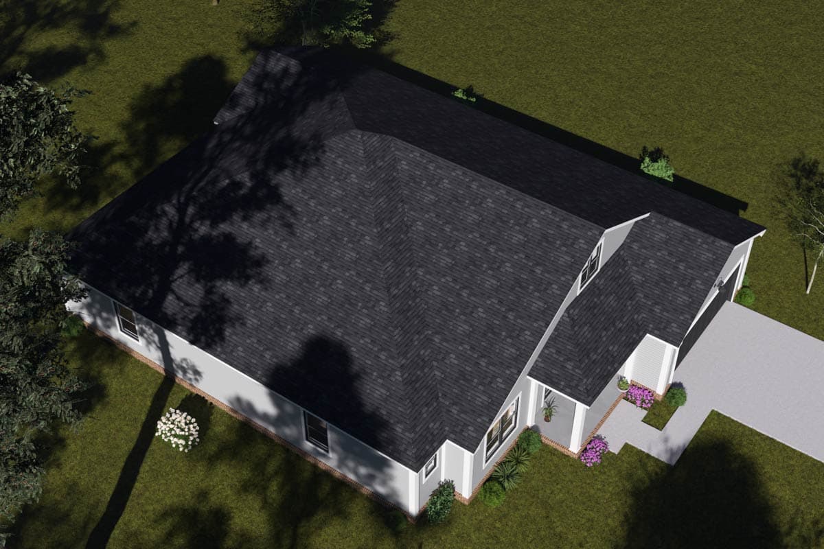 House plan exterior rendering, one-story Modern Farmhouse with gabled dormers, front porch, and attached garage.