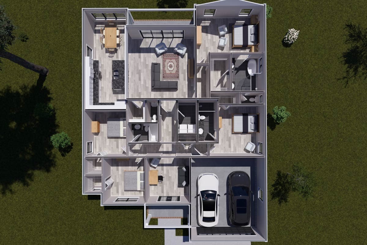 Architectural house plan with four bedrooms, three bathrooms, kitchen, dining area, living room, and attached two-car garage.