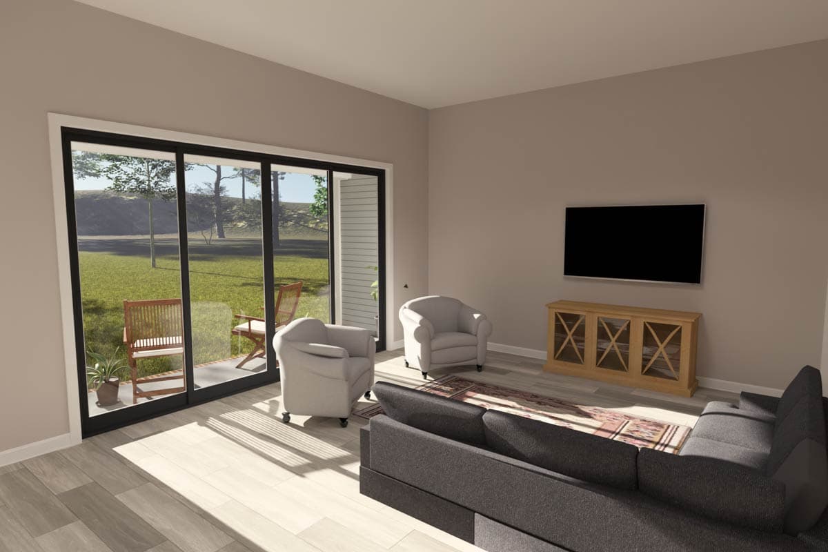 Living room rendering with sectional sofa, two chairs, media console, and large sliding glass doors overlooking a patio.