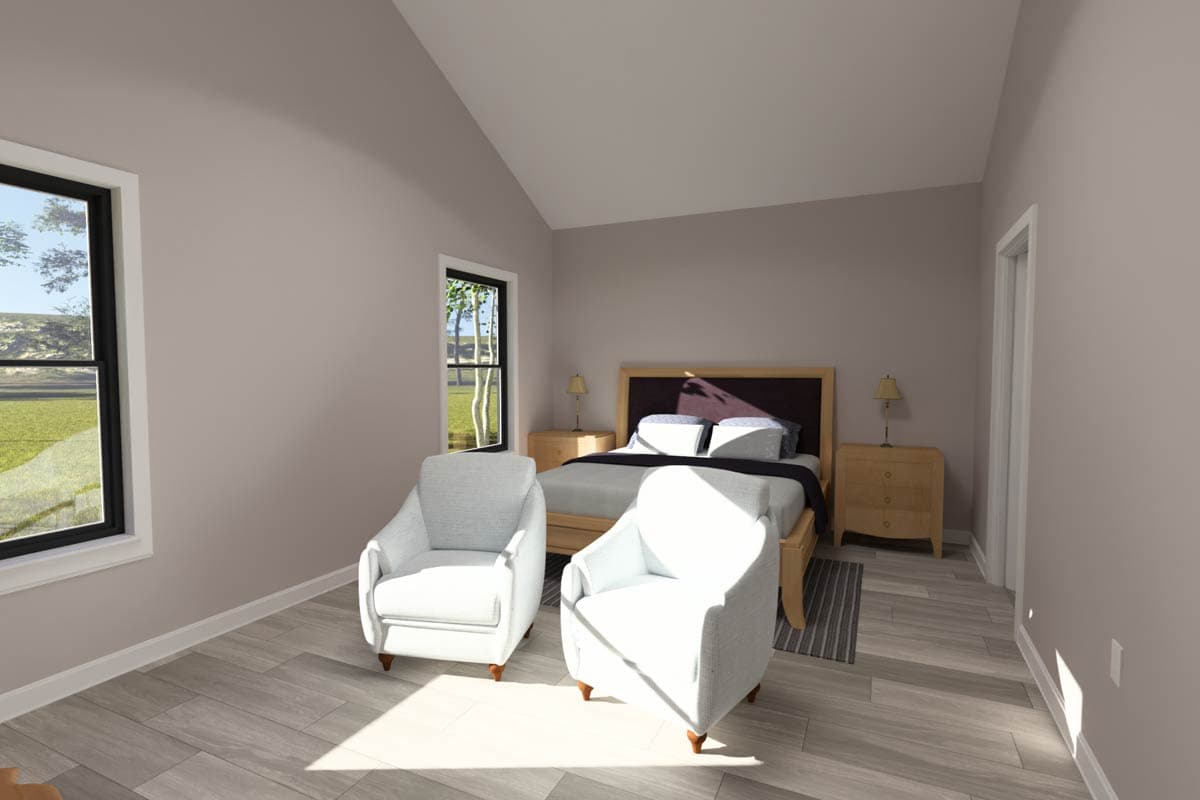 Bedroom rendering with vaulted ceiling, queen bed, two accent chairs, and two windows.