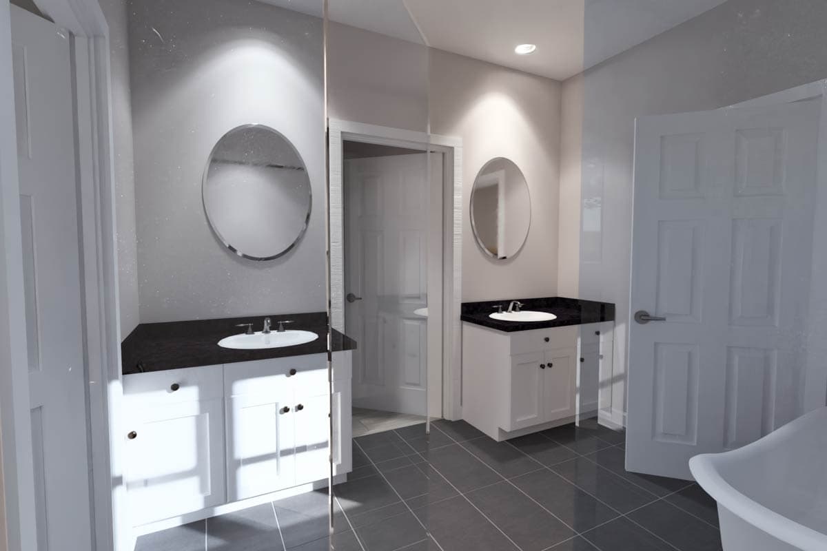 Bathroom rendering with double vanity, black granite countertops, oval mirrors, and freestanding tub.