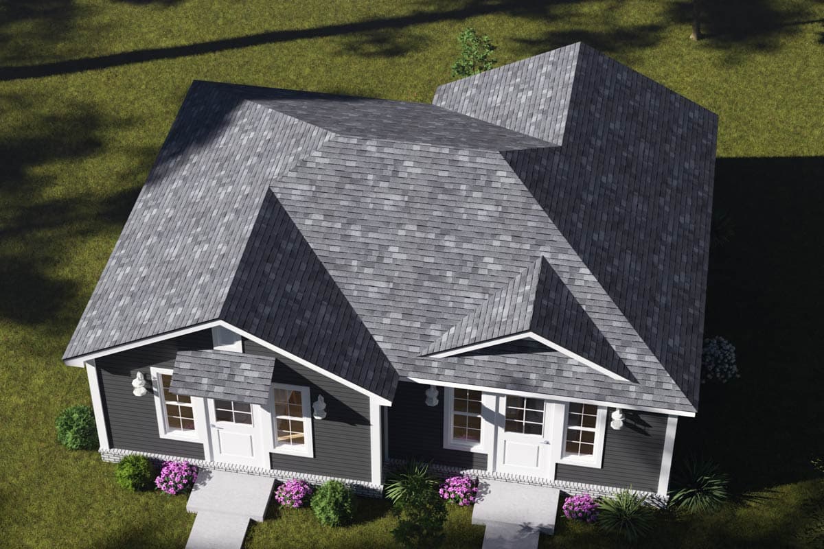 House plan exterior: Two-story duplex with prominent gables, dual entry porches, and complex rooflines.