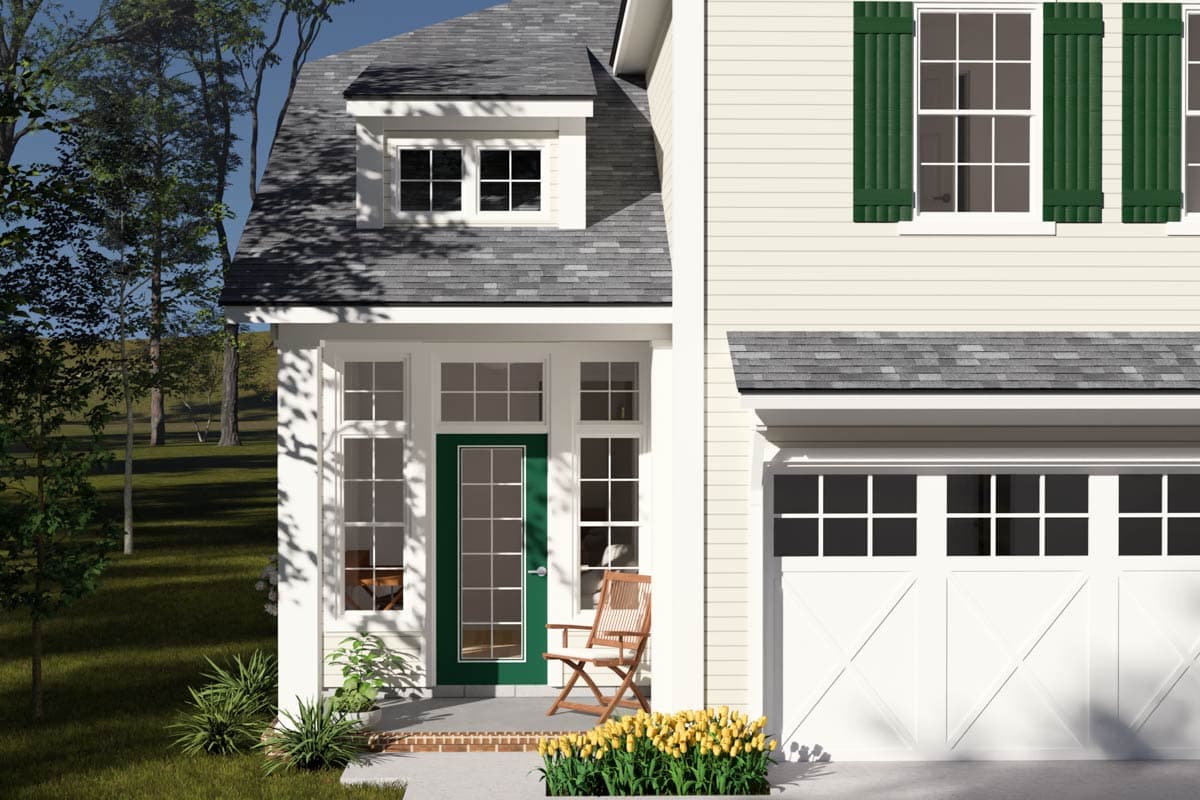 House plan exterior: Two-story home with dormer, covered porch, green door, and white garage door.