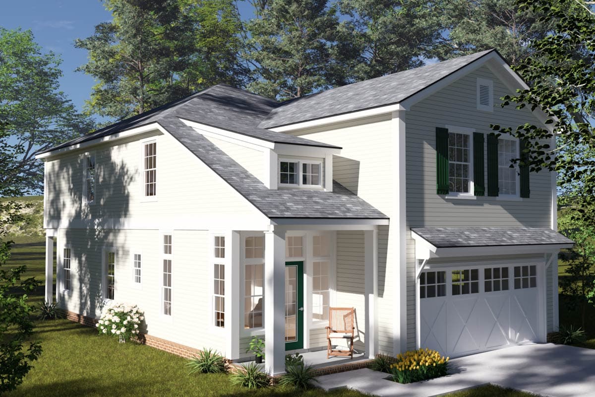 House plan exterior: Two-story, light-colored siding, front porch with green door, dormer, and side-entry garage.