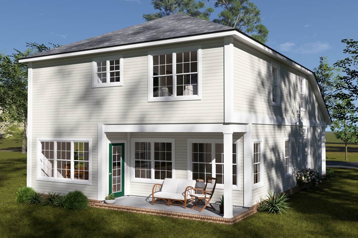 Two-story house plan exterior with lap siding, gabled roof, multiple windows, and covered porch with seating.