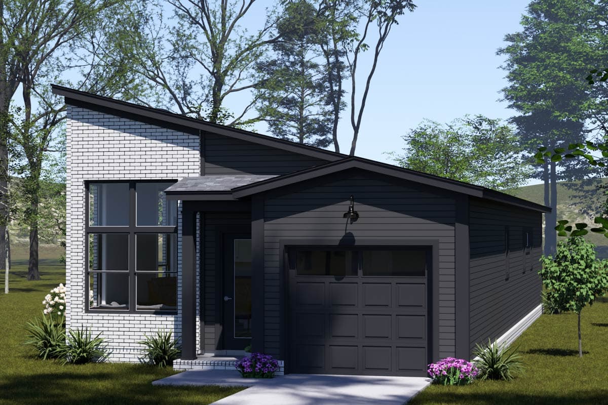 Modern house plan exterior with white brick, dark siding, asymmetrical rooflines, and attached single-car garage.
