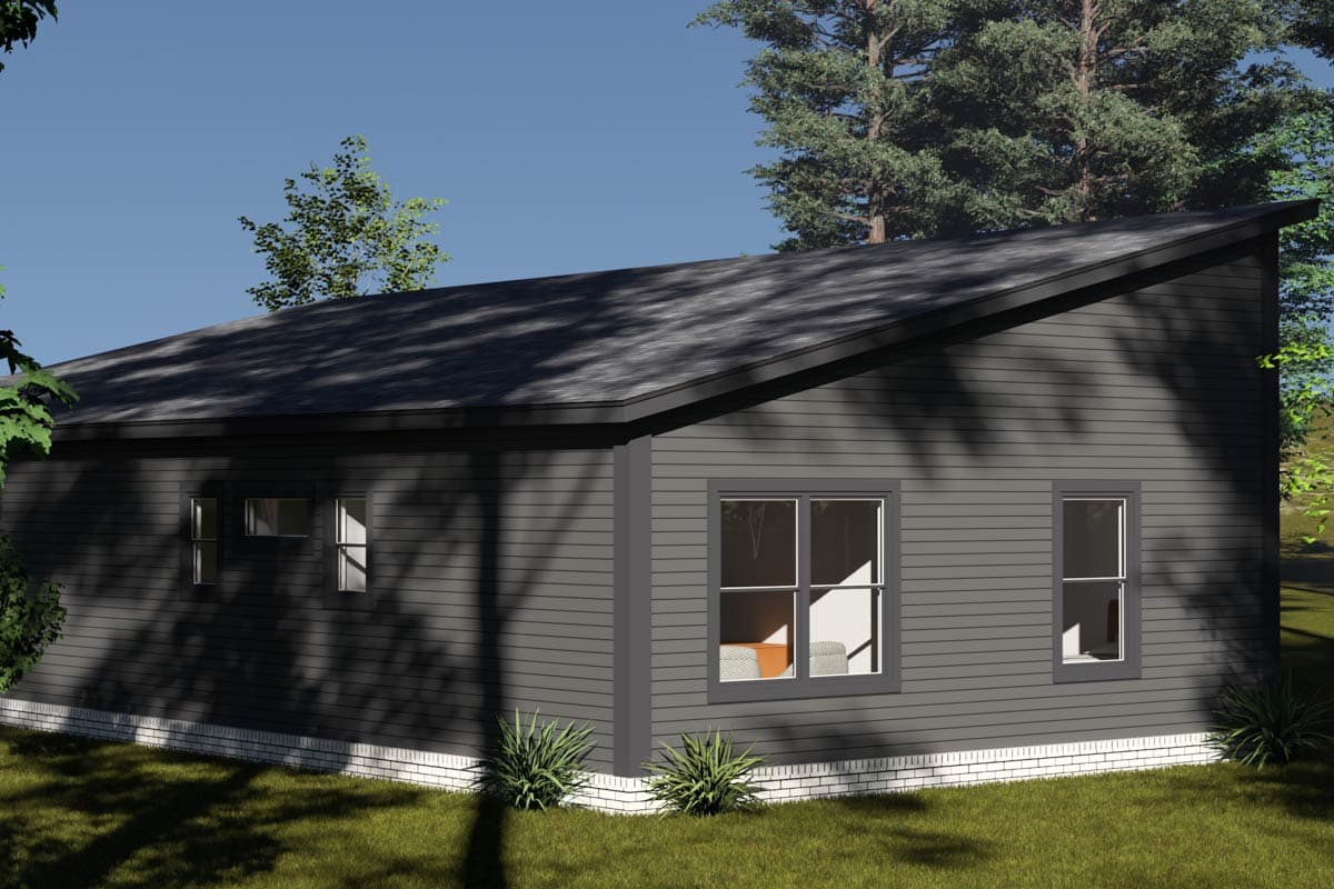House plan exterior: Modern style, single-story with a prominent asymmetrical roofline and horizontal siding.