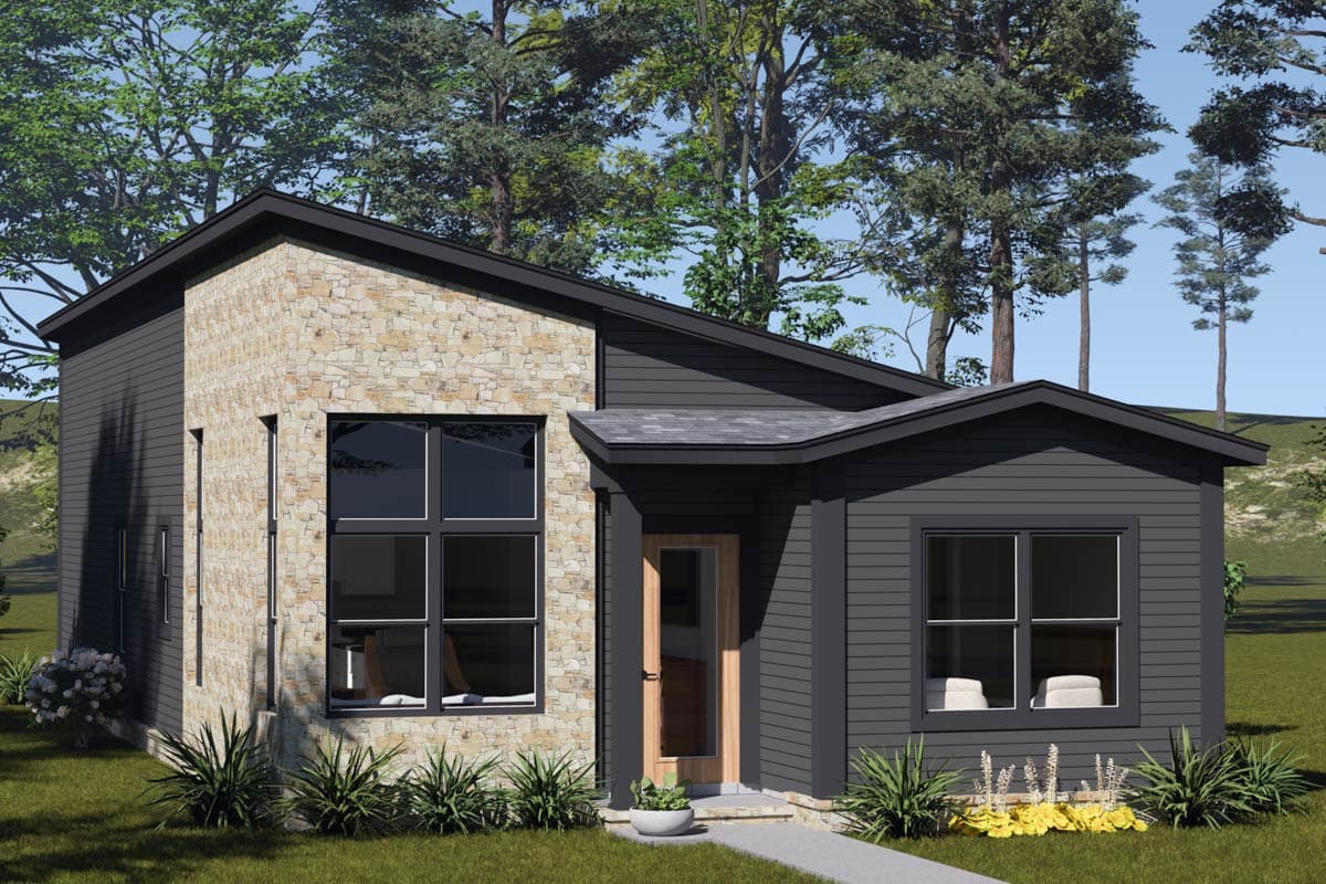 House plan exterior featuring a modern style with stone accent walls, dark siding, and a steeply pitched roofline.