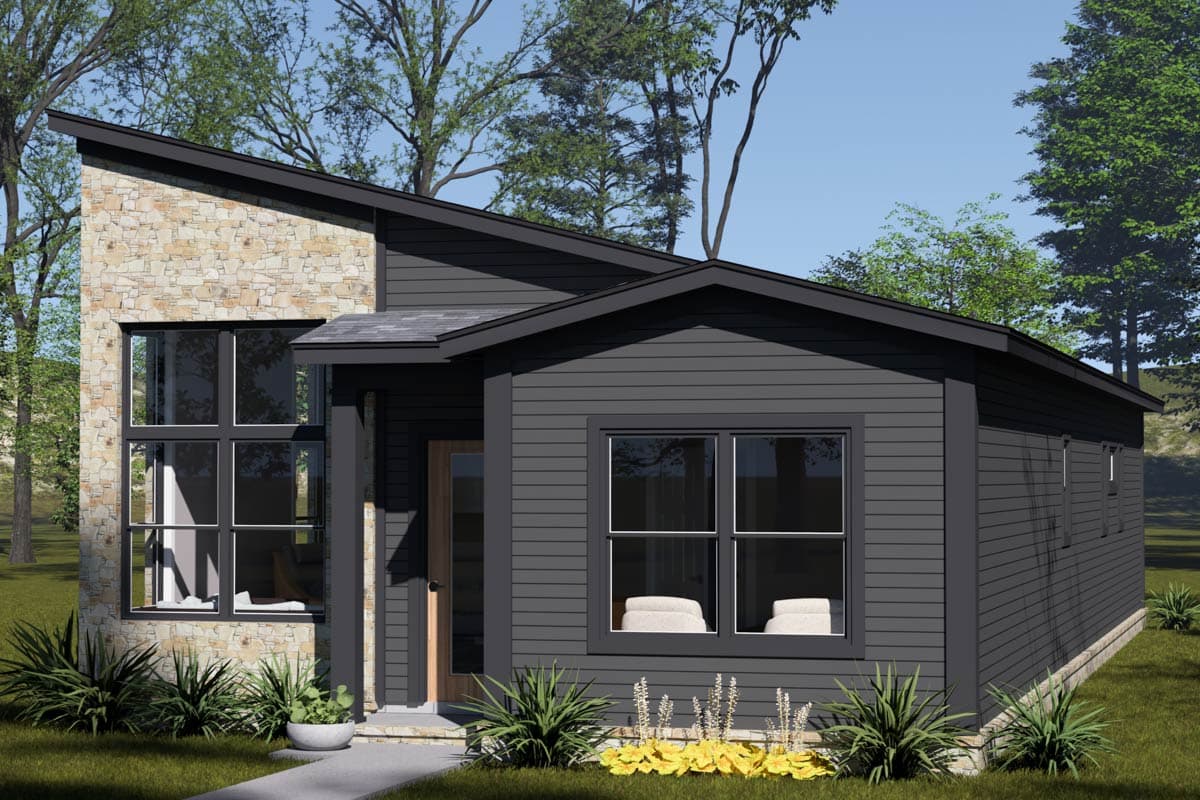 Modern house plan exterior with stone accent wall, prominent gable rooflines, and large windows.