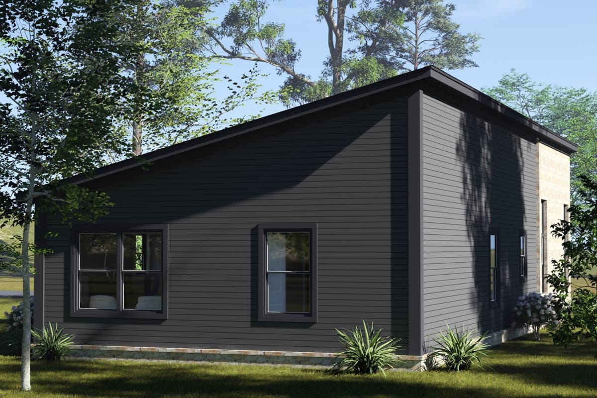 House plan exterior: Modern style, single-story, with a shed roof, dark horizontal siding, and stone accents.