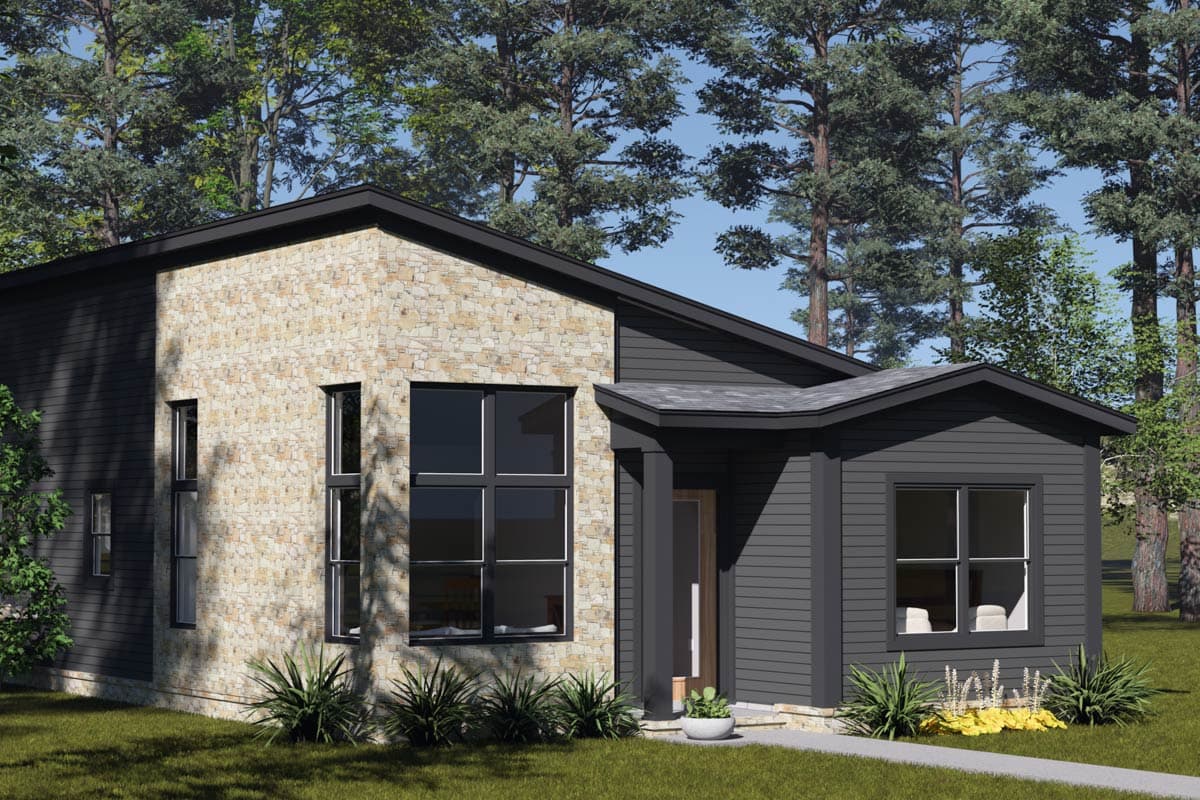 Modern house plan exterior with stone accents, large windows, and a covered entry with dark siding.