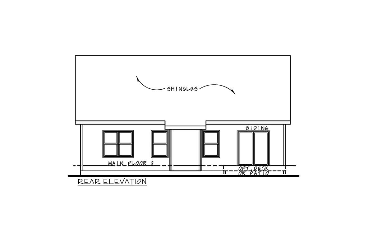 Rear elevation drawing of a house plan with siding, windows, and an optional deck or patio.