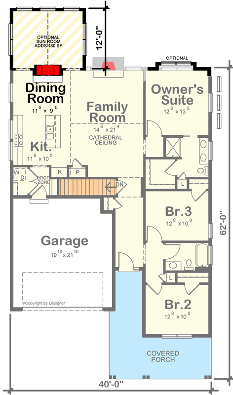 Plan 42485DB: Charming Craftsman House Plan with Sunroom and Wrap-Around Porch - Floor Plan - Main Floor - Optional Attached Sunroom - Craftsman, Traditional