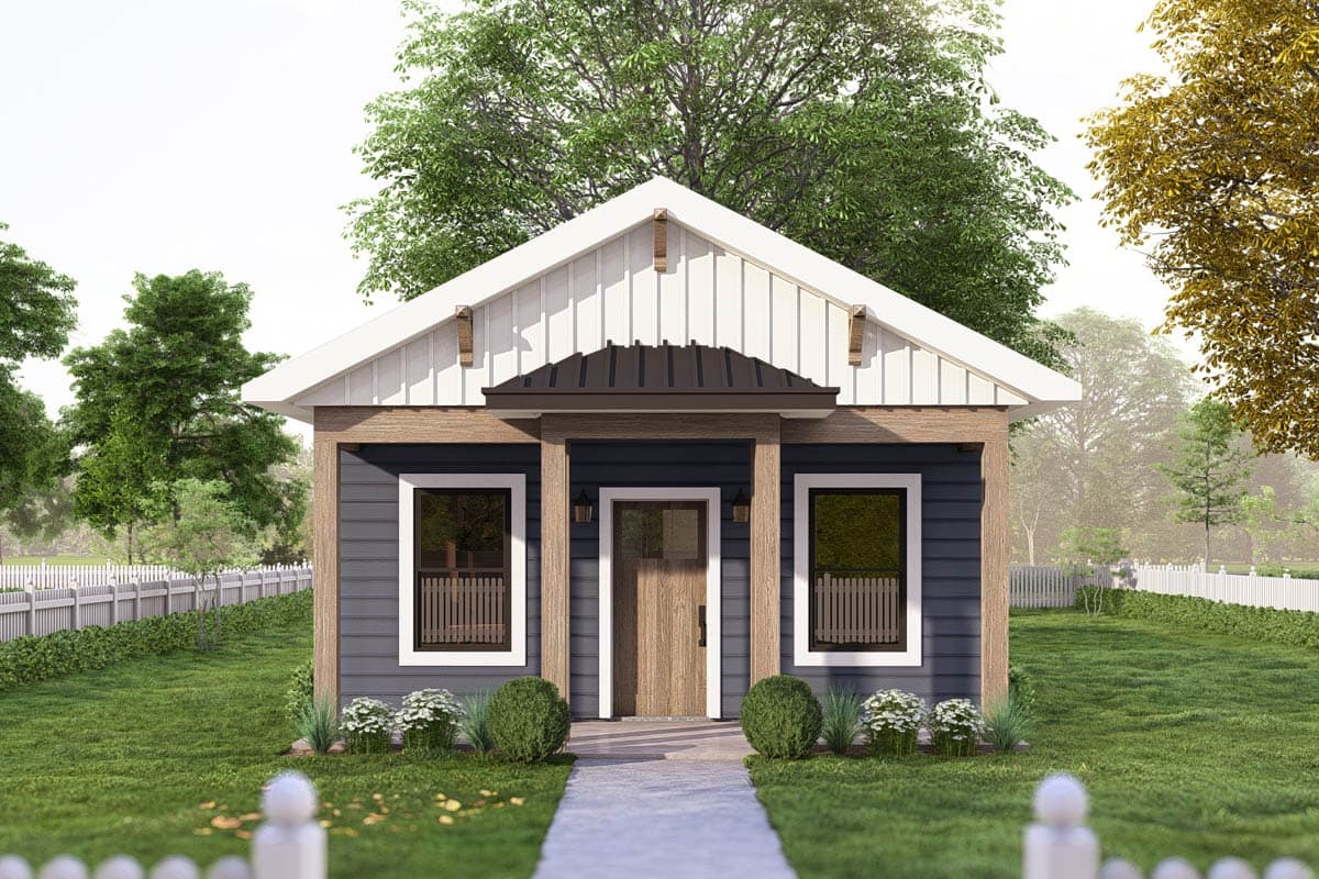 House plan exterior with a front gabled roof, board and batten siding, and a covered entry with wood posts.