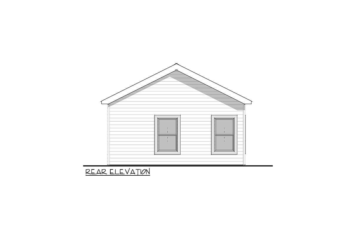 Rear elevation drawing of a house plan with horizontal siding and two windows under a gable roof.