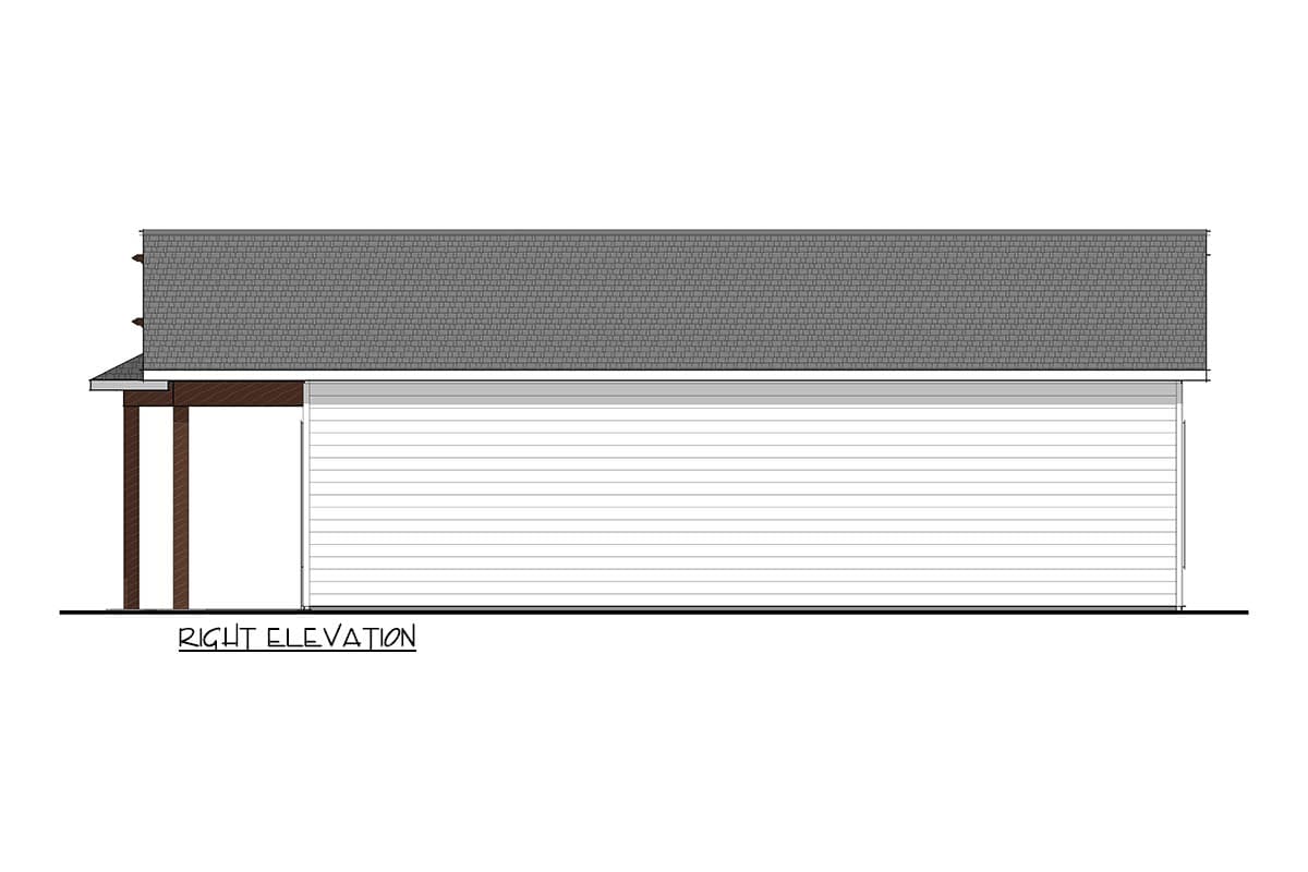 Right elevation drawing of a house plan showing a pitched roof, horizontal siding, and two support columns for an overhang.