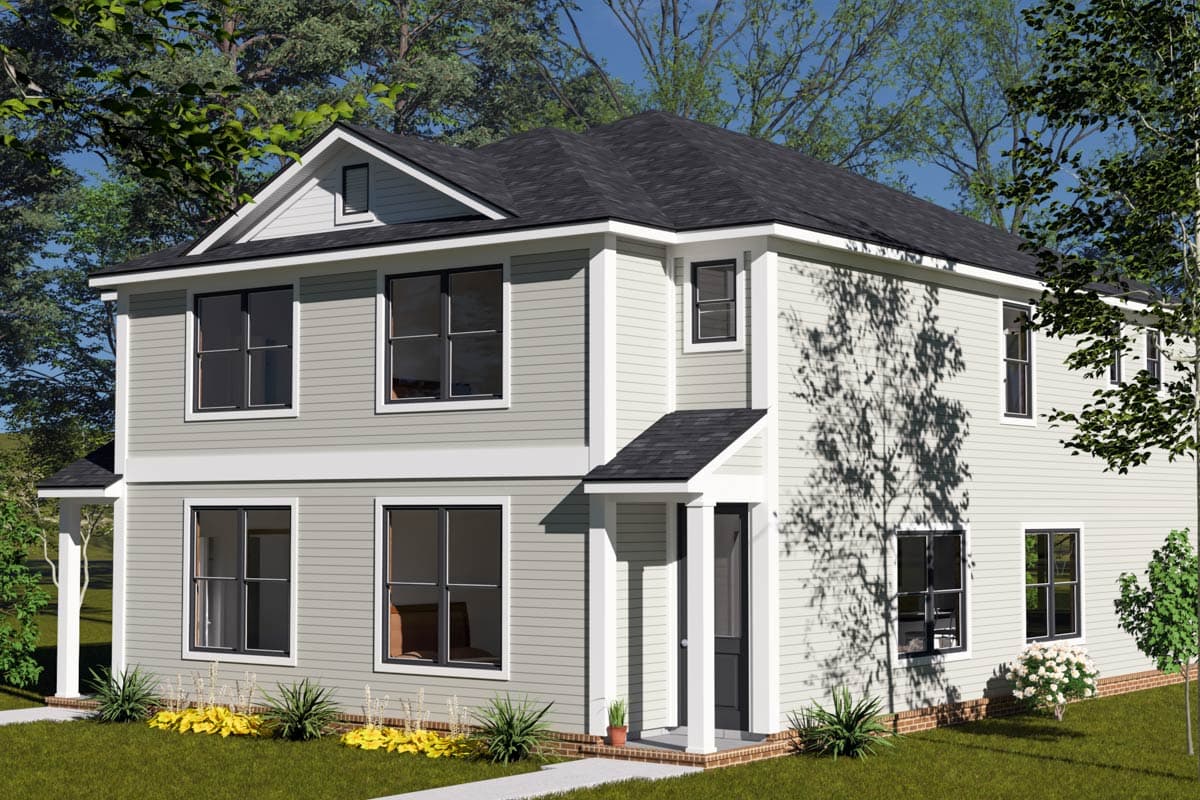 Two-story Modern Farmhouse house plan exterior with gables, dormers, and a covered front entry.