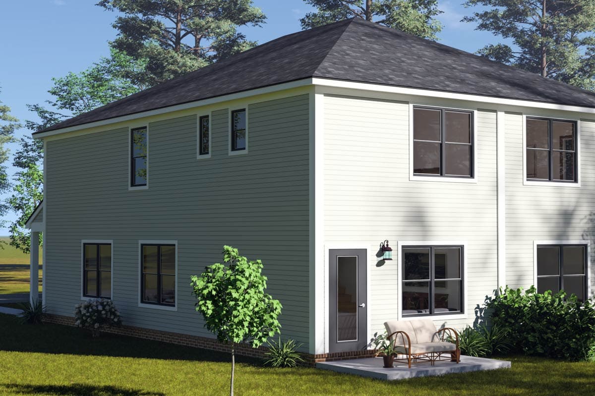 House plan exterior: two-story residence with vinyl siding, multiple windows, a side door, and a gable roof.