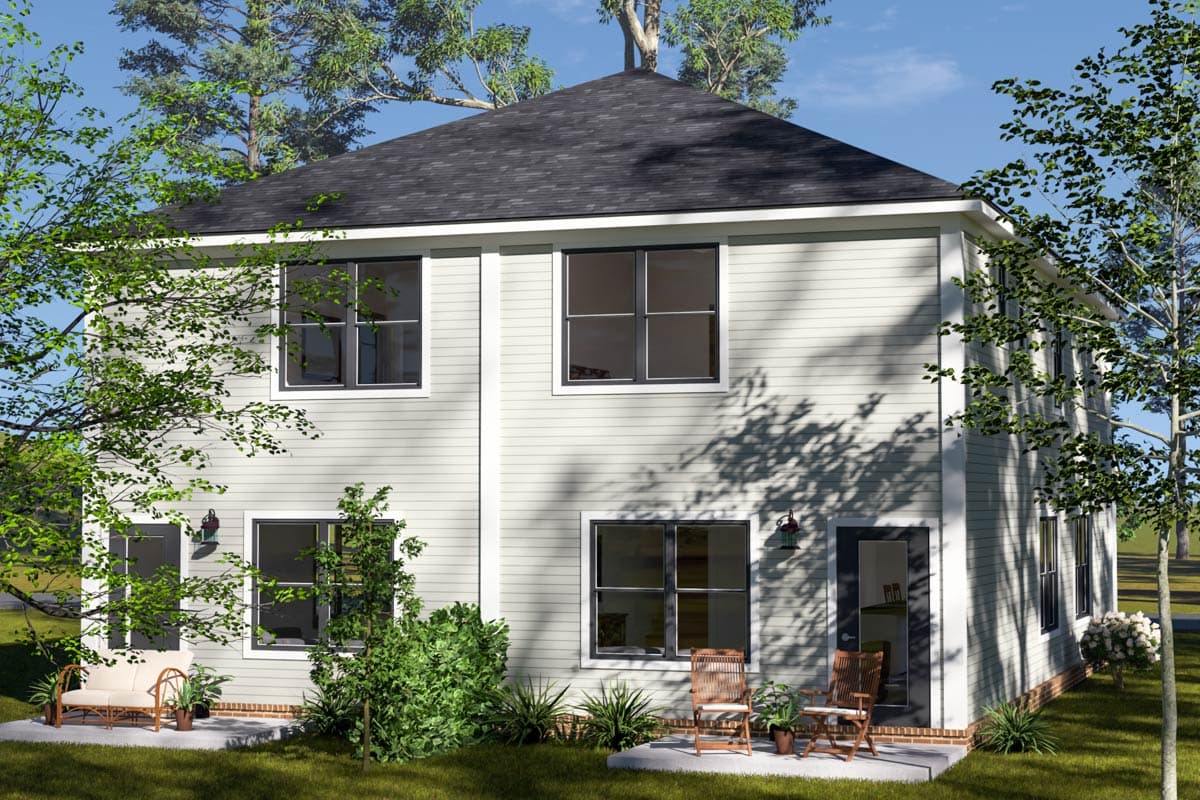 Two-story house plan exterior with horizontal siding, a dark gabled roof, and multiple rectangular windows.