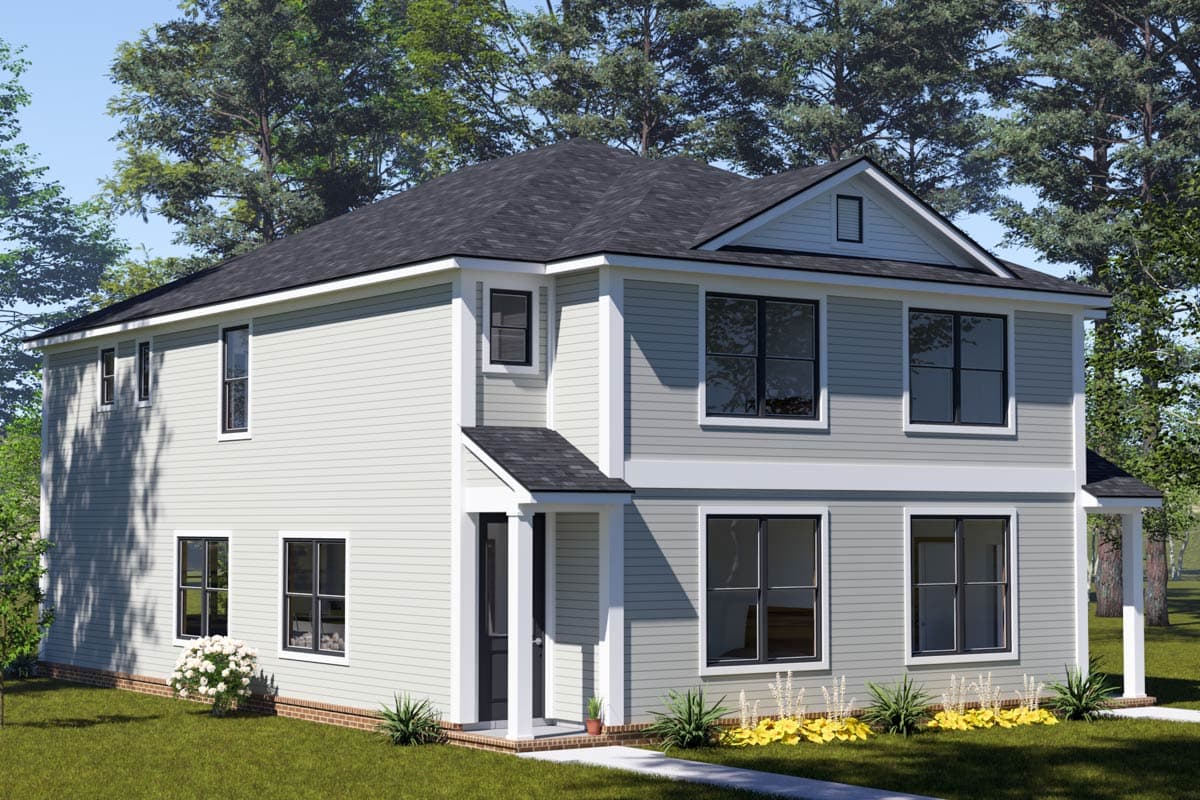 Two-story house plan exterior with lap siding, gabled dormer, and covered entry porch.