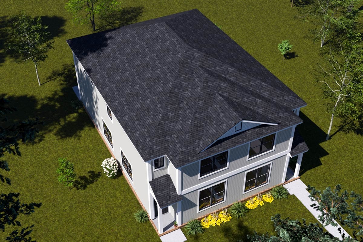 House plan exterior: two-story, light gray siding, gabled dormer, covered entry porch, dark shingles.