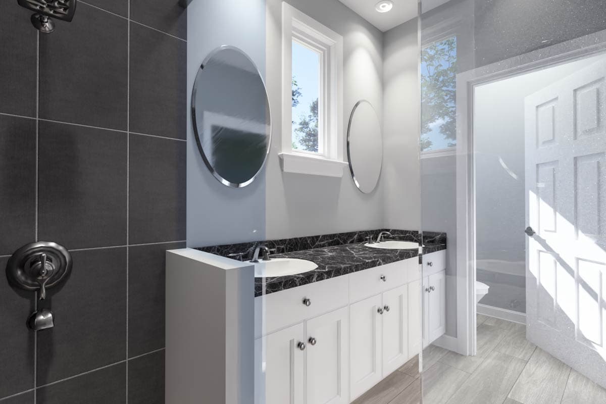 Bathroom rendering with double vanity, black marble countertop, large tiled shower, and open doorway revealing toilet and bathtub.