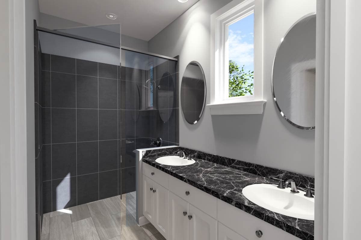 Bathroom rendering with double vanity, marble countertop, glass-enclosed tiled shower, and wood-look flooring.