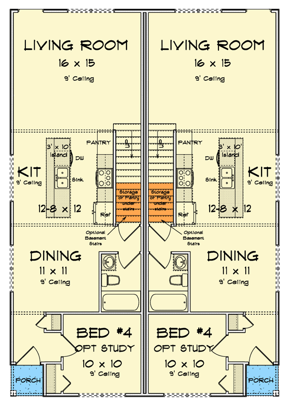 Plan 52511WM: Traditional Duplex House Plan with 8 Beds and Flexible Living - Floor Plan - Main Level - Traditional
