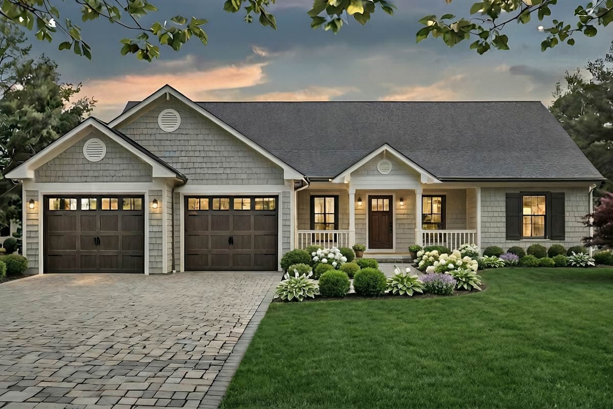 A beautiful residential home with a gray exterior, two garage doors, and a front porch. Lush landscaping surrounds a green lawn and paved driveway.