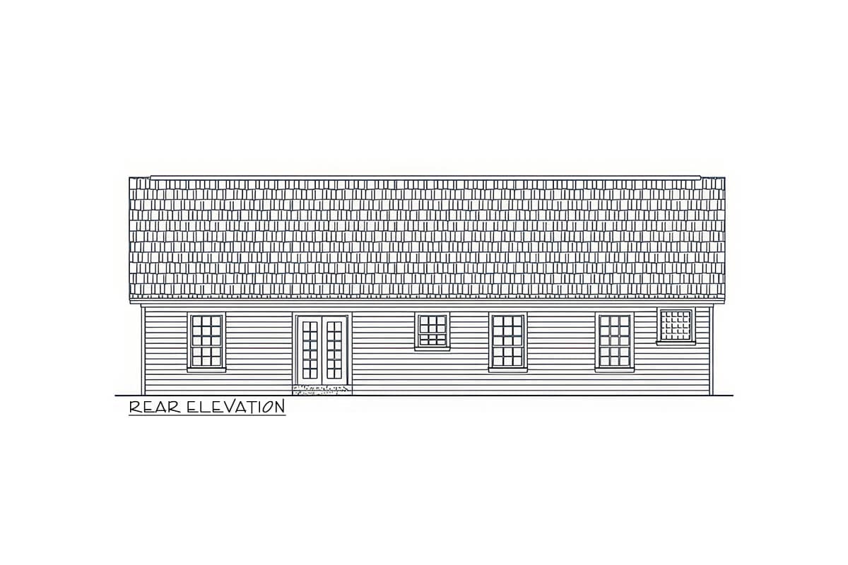 Rear elevation drawing of a house plan with a double door and multiple windows.