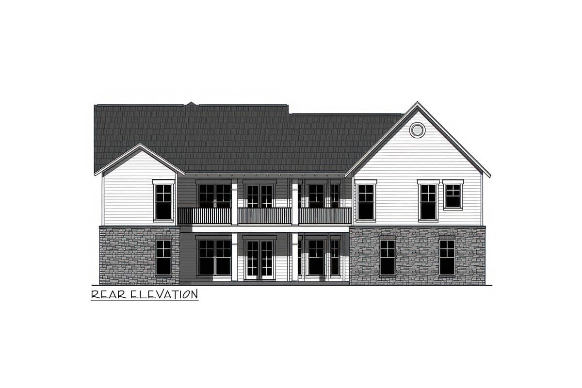 Rear elevation drawing of a two-story house with stone base, upper-level balcony, and multiple gables.