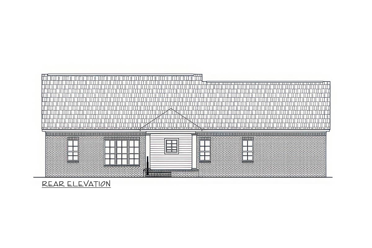 Rear elevation of a house plan showing a brick exterior, gable roof, and a central covered porch with a window above.
