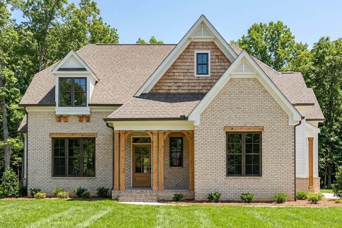 House plan exterior: Two-story Modern Farmhouse with brick facade, gabled dormers, cedar shingles, and timber-frame porch.